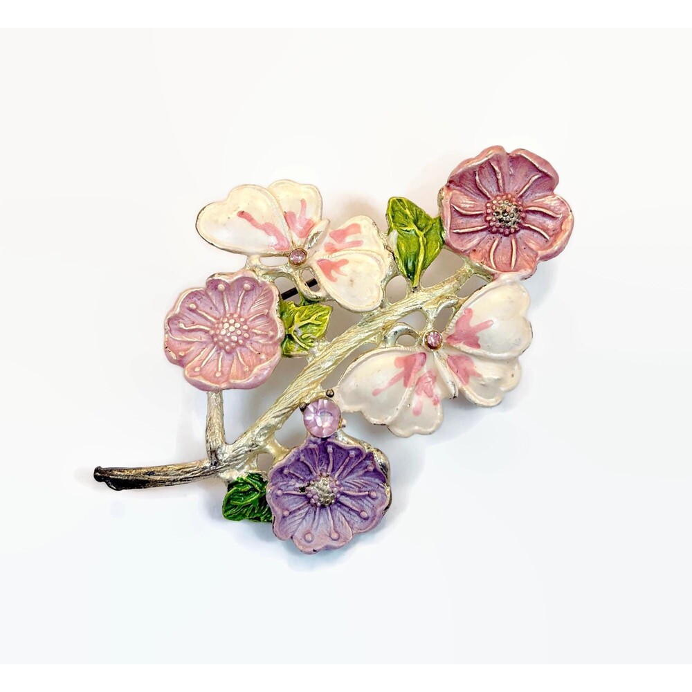 Vintage Brooch, Butterfly, Flowers. Enamel, Pink, Pastel, Rhinestones